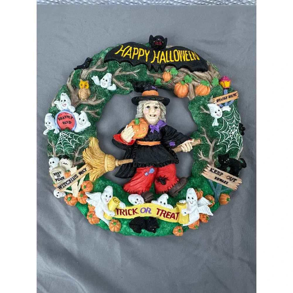 Jaimy Halloween Wreath Resin Witch Ghosts Pumpkins‎ Black Cats Owl Bat 12.5